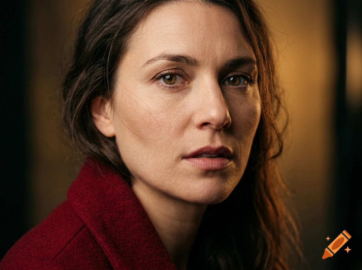 Close-up portrait of a woman with dark brown hair and amber eyes, wearing a red coat against a warm, dark background.