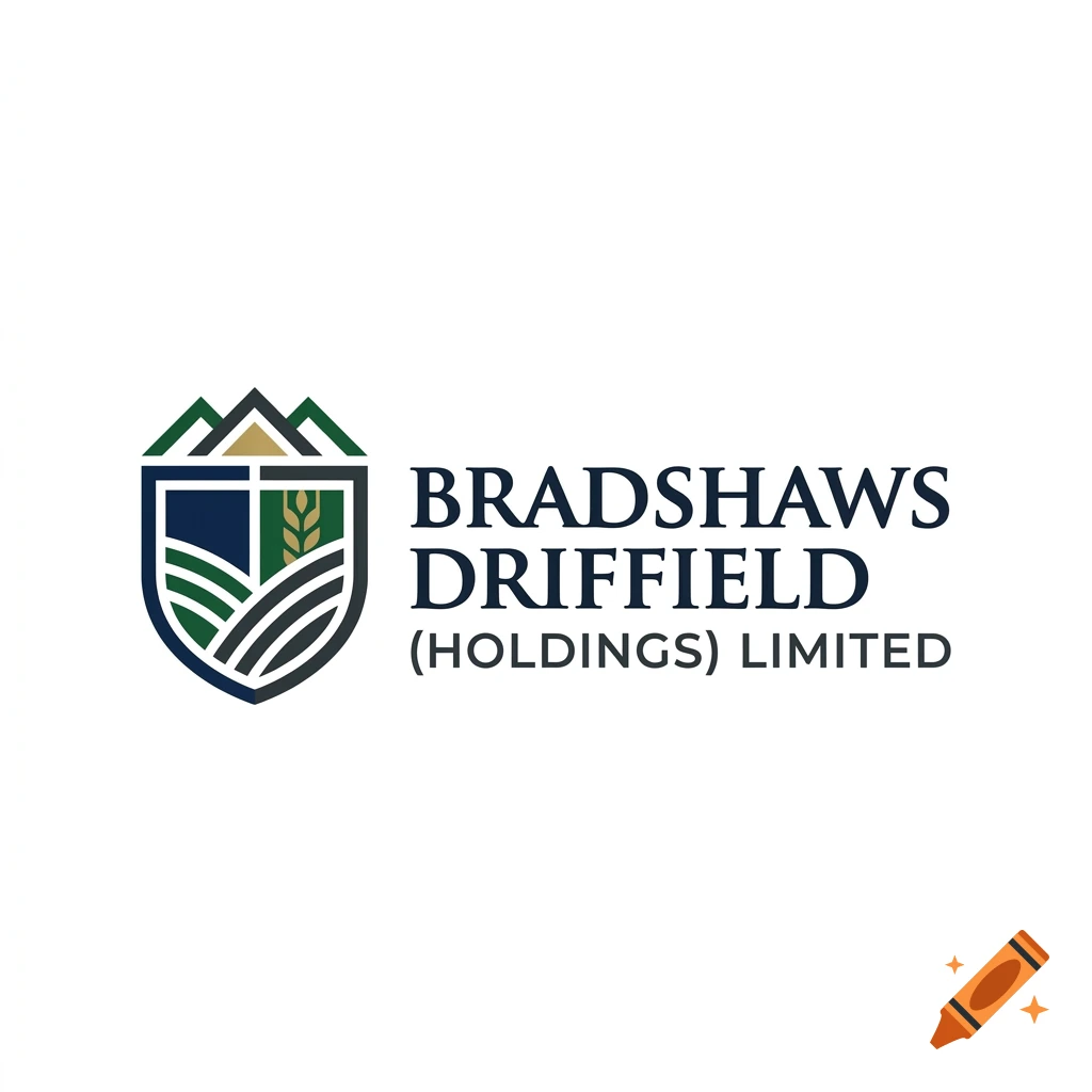 Logo for Bradshaws Driffield Holdings Limited featuring a shield with mountains, fields, and wheat.