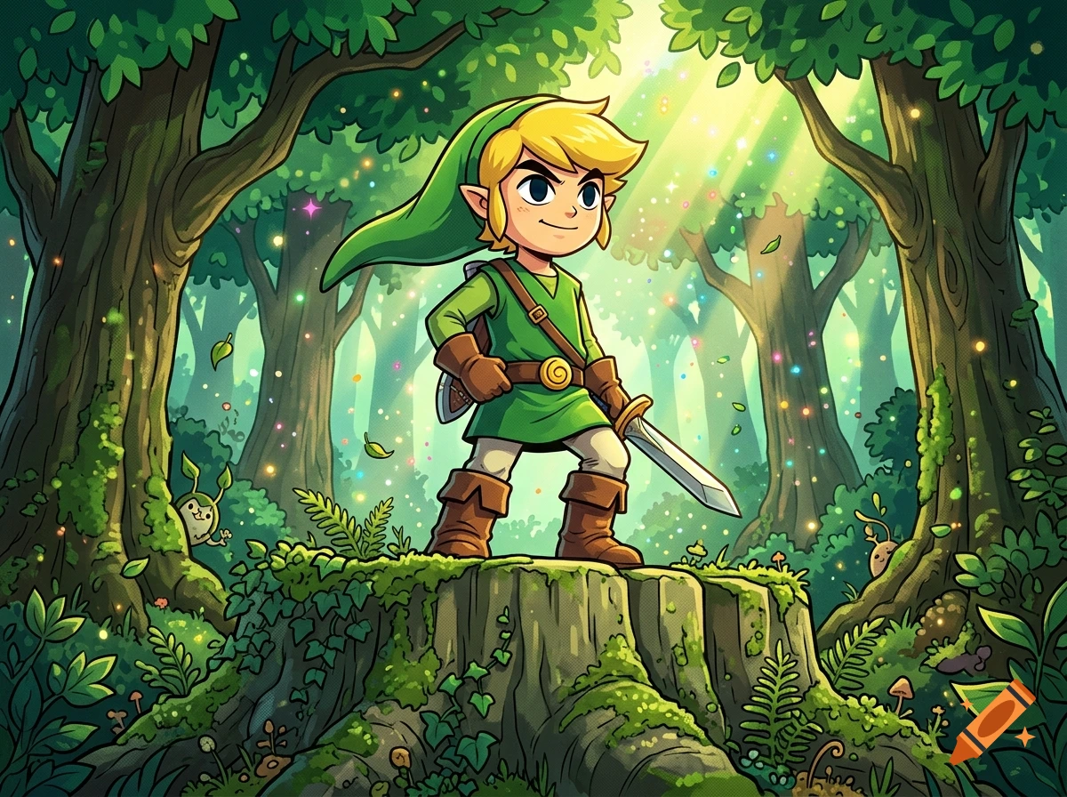Toon Link standing heroically on a mossy tree stump in a magical forest, 2D anime style