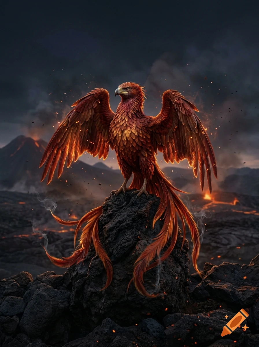 A majestic phoenix with fiery red and orange plumage stands atop a dark volcanic rock, with smoking volcanoes and glowing lava in the background.