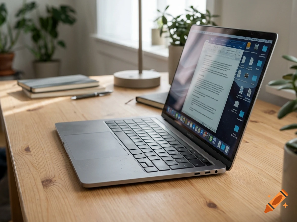 Photorealistic view of an open laptop on a wooden desk in a well-lit room with indoor plants.