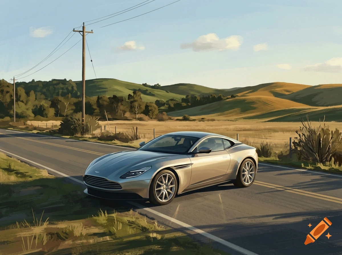 A silver sports car parked on the side of a country road in a hilly landscape during the afternoon, painted in an artistic style.