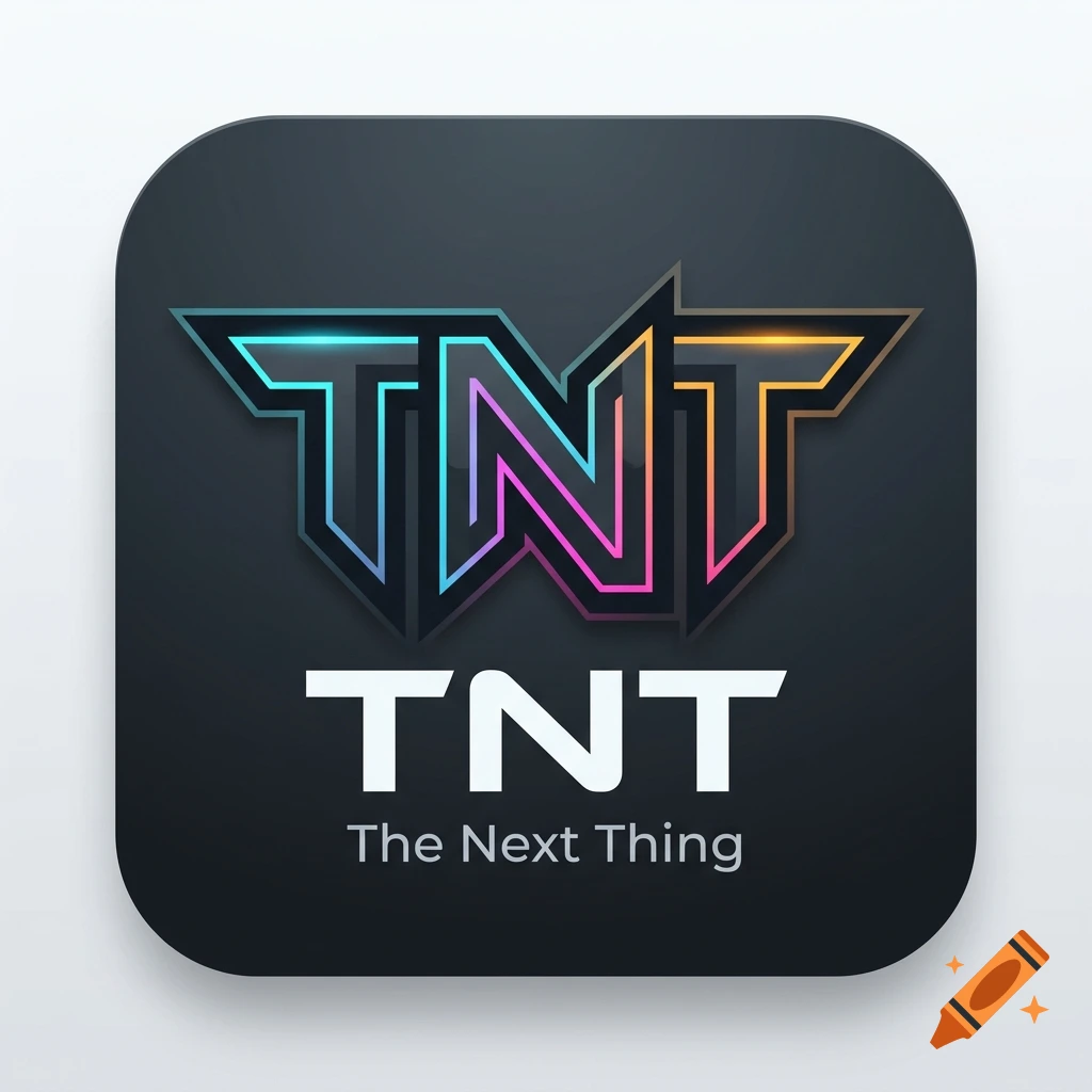 Modern dark app icon featuring the stylized neon-highlighted text TNT and the subtitle The Next Thing.