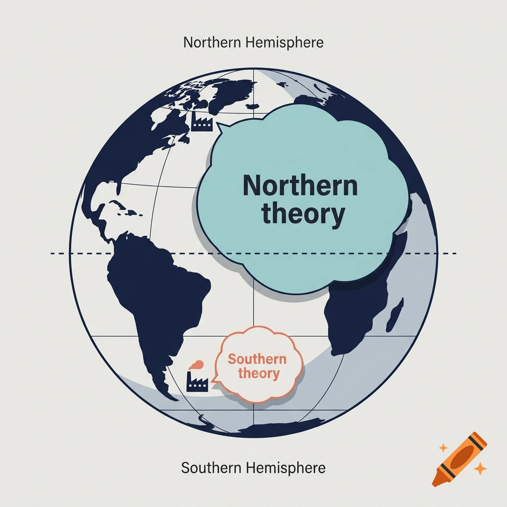 Clean vector illustration of the Earth divided into northern and southern hemispheres with theory speech bubbles and factories.