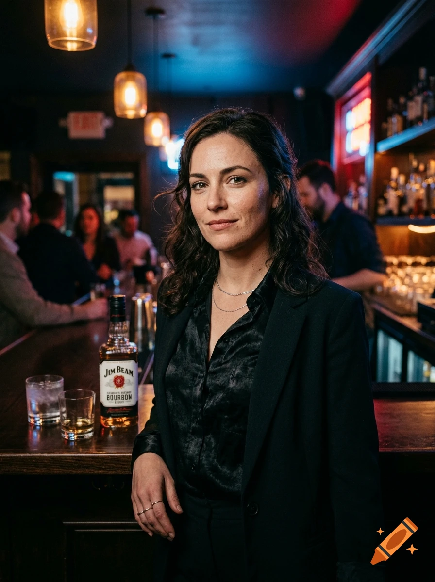 Photorealistic portrait of a woman standing at a dimly lit bar counter with a Jim Beam bottle next to her.
