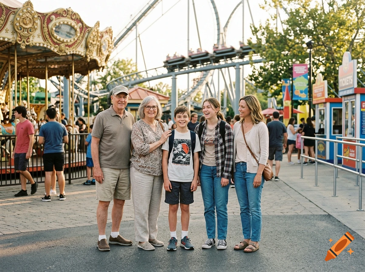 Photorealistic image of a multi-generational family standing together at an amusement park with a carousel and roller coaster in the background.