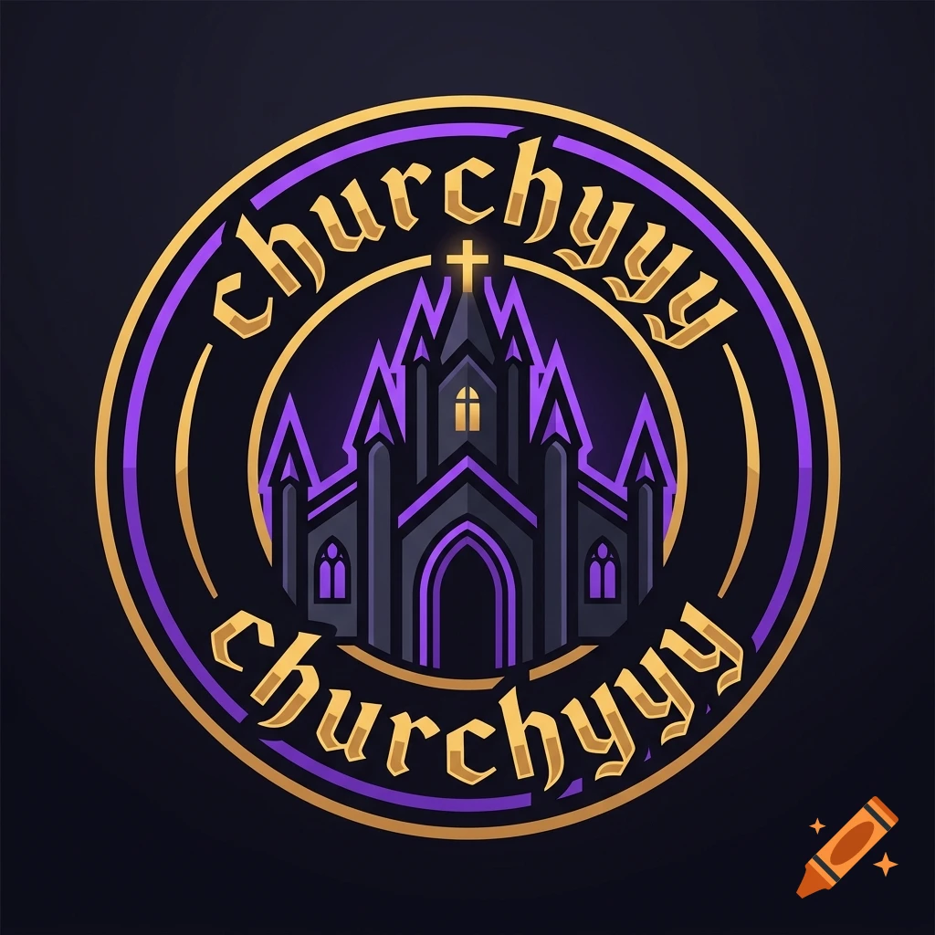 Round purple and gold logo with a gothic church and the text churchyyy surrounding it.