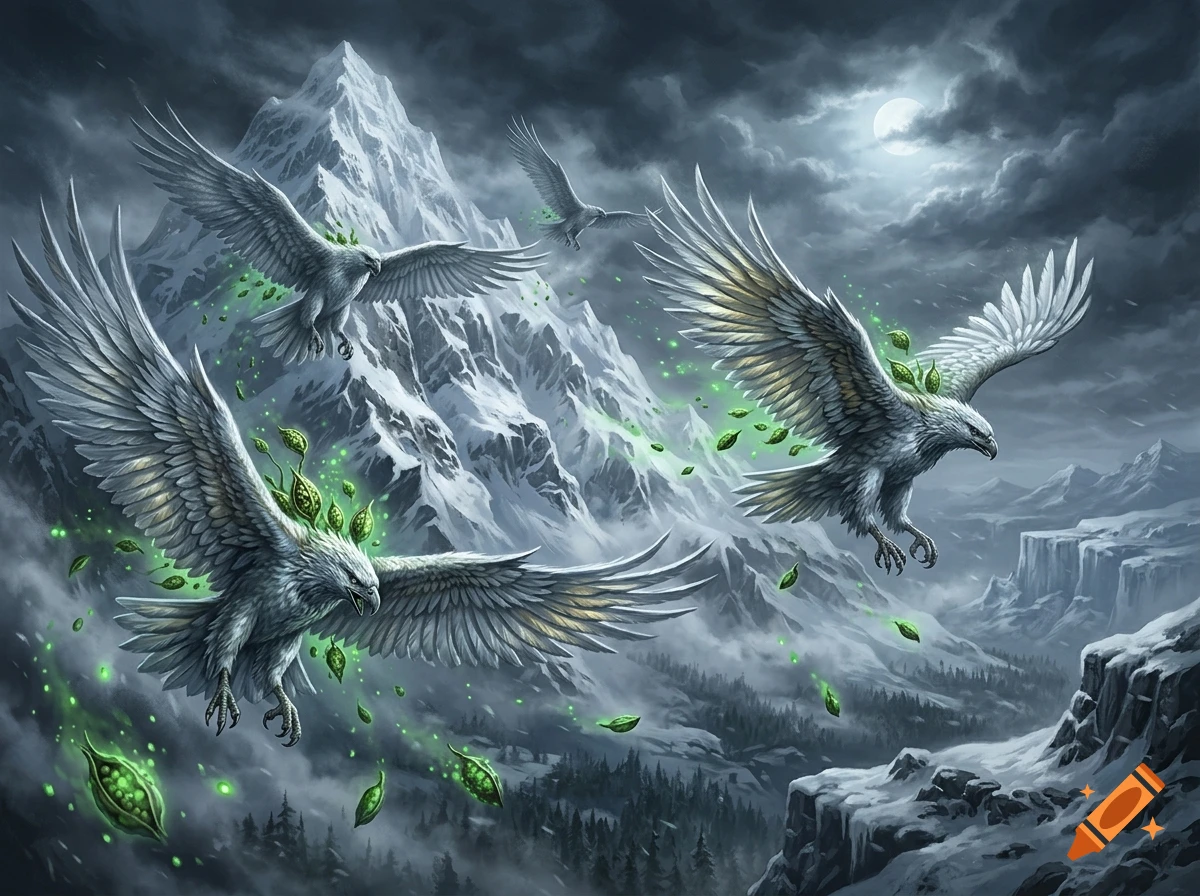 Digital painting of large white eagle-like fantasy creatures flying over a snowy mountain range, dropping glowing green seed pods.