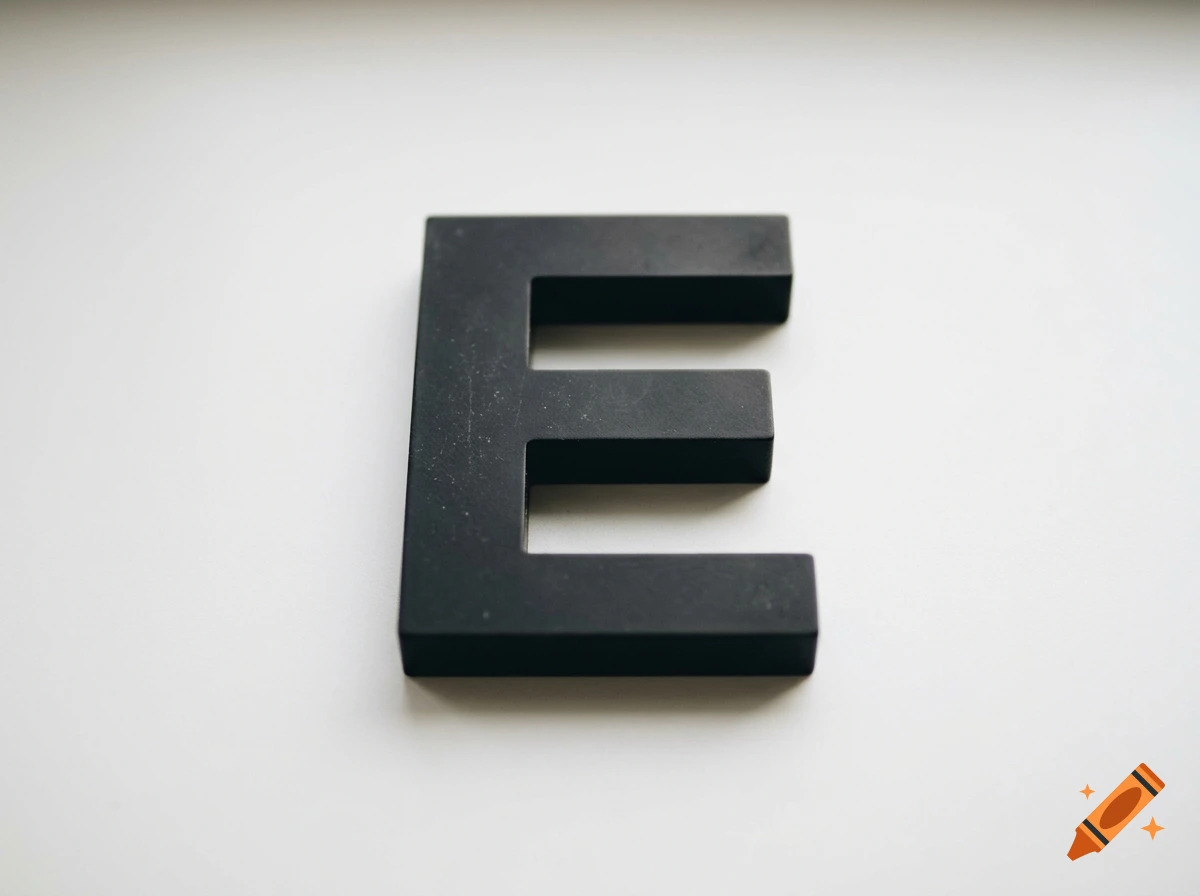 A black sculptural letter E on a white surface.