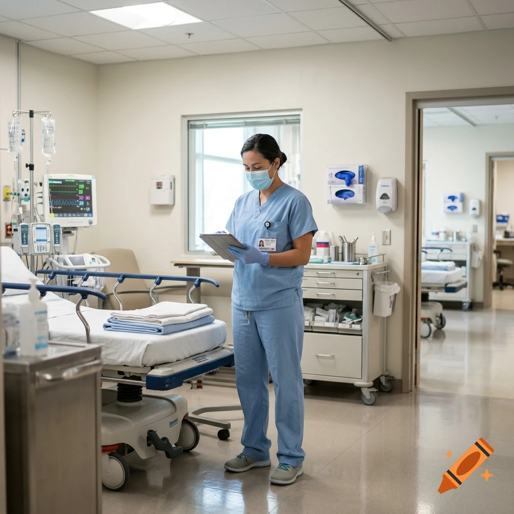 Photorealistic image of a nurse wearing blue scrubs and a face mask, standing in a hospital room while holding a tablet.