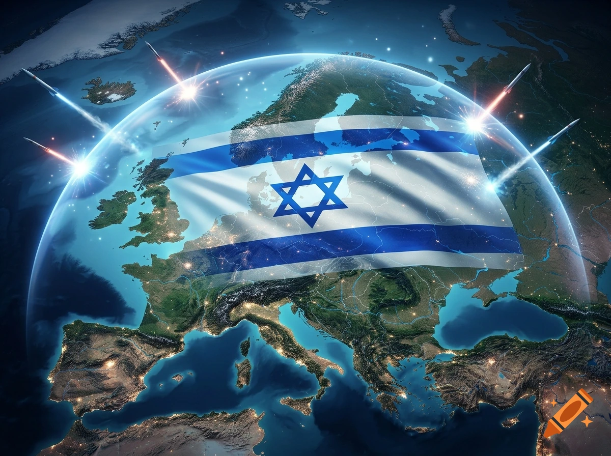 An illuminated map of Europe from space with an Israeli flag overlaid as a glowing missile defense shield.