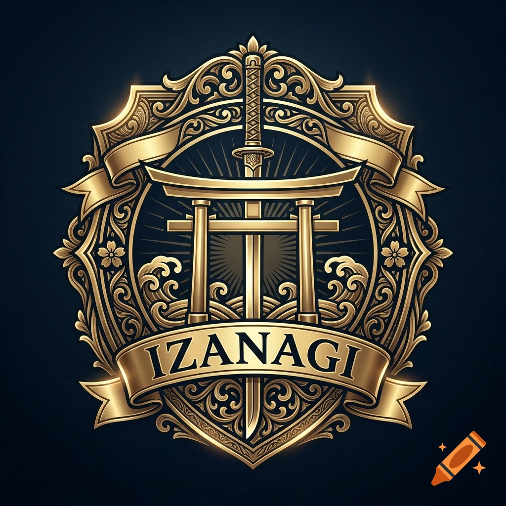 Gold ornate guild logo featuring a samurai sword and torii gate with the text IZANAGI on a banner, dark background.