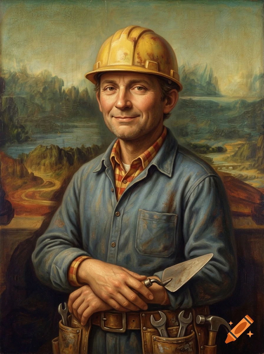 Oil painting parody of the Mona Lisa depicting a smiling construction worker with a hard hat, blue shirt, and tool belt holding a trowel.