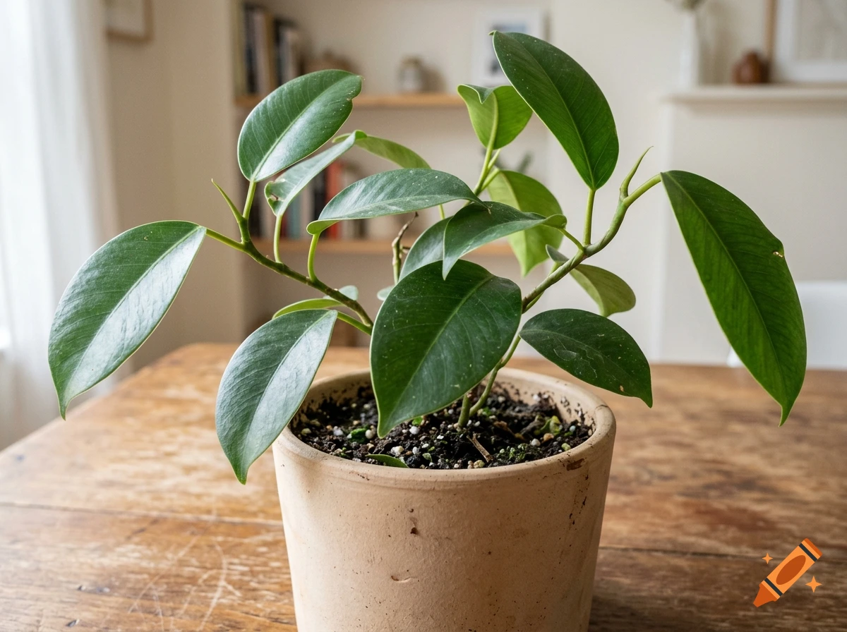 Photorealistic image of a small potted green plant on a wooden table.