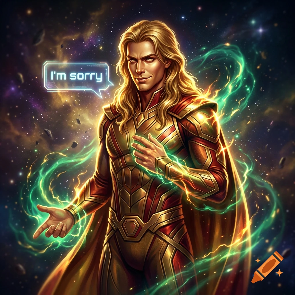 Digital illustration of Adam Warlock from Marvel in a cosmic setting with glowing energy, saying 'I'm sorry' in a speech bubble.