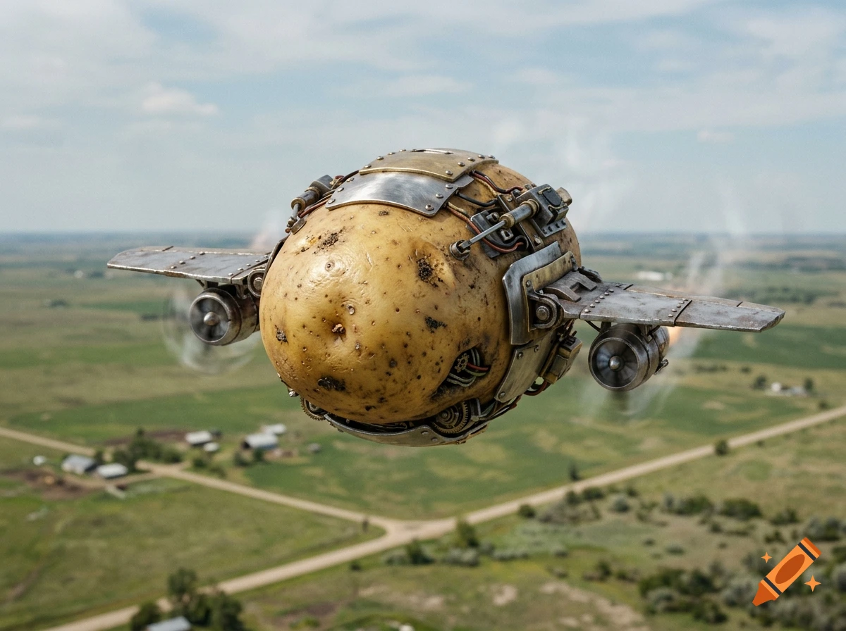 Photorealistic image of a giant potato modified with metal wings, propellers, and gears, flying over a rural landscape.