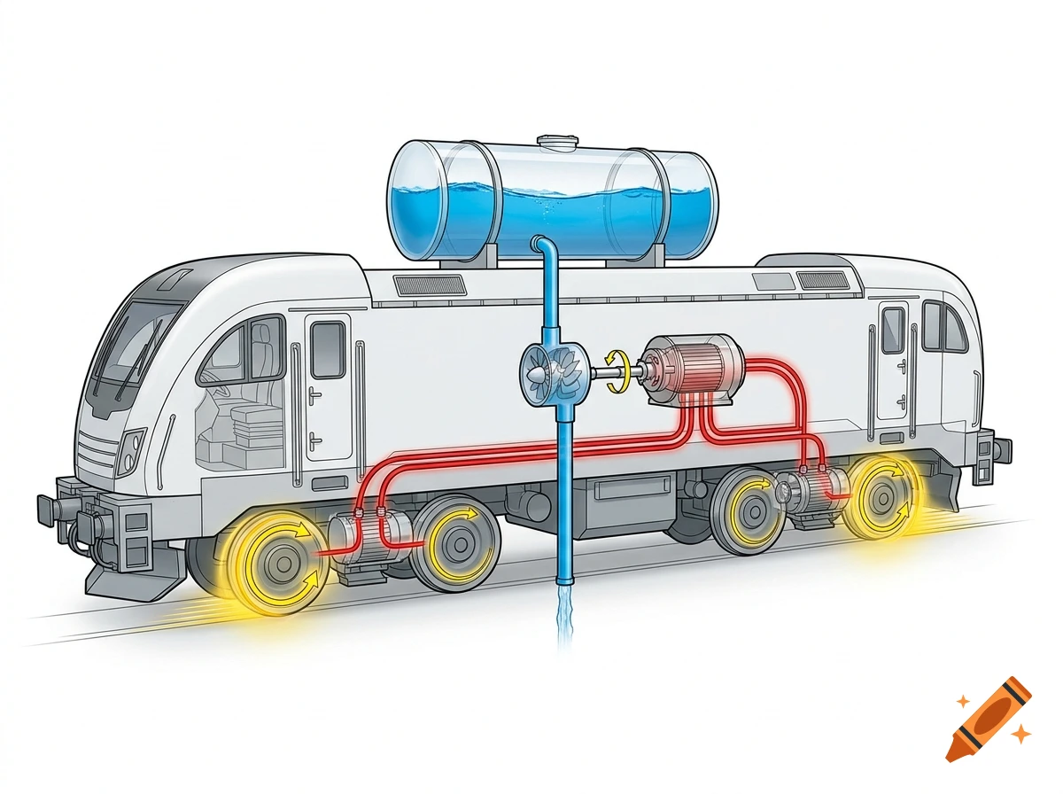 Technical engineering diagram of a modern electric locomotive with a transparent water tank on the roof and a color-coded system.