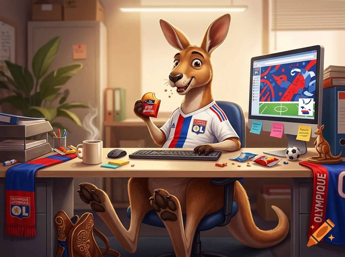 An anthropomorphic kangaroo wearing a soccer jersey sits at an office desk, eating a snack and looking at a computer screen.