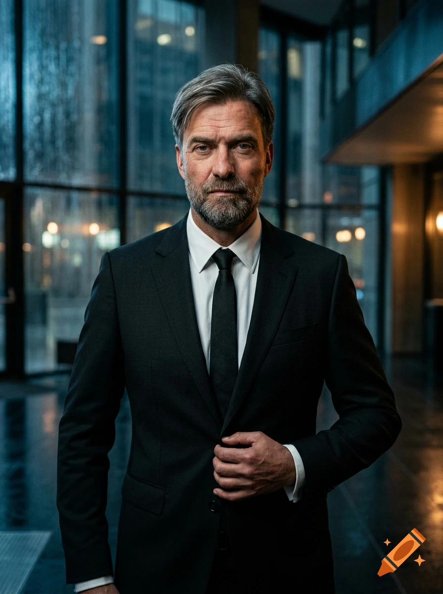 Photorealistic portrait of a middle-aged man with graying hair and beard, wearing a black suit and tie, standing in a modern office building.