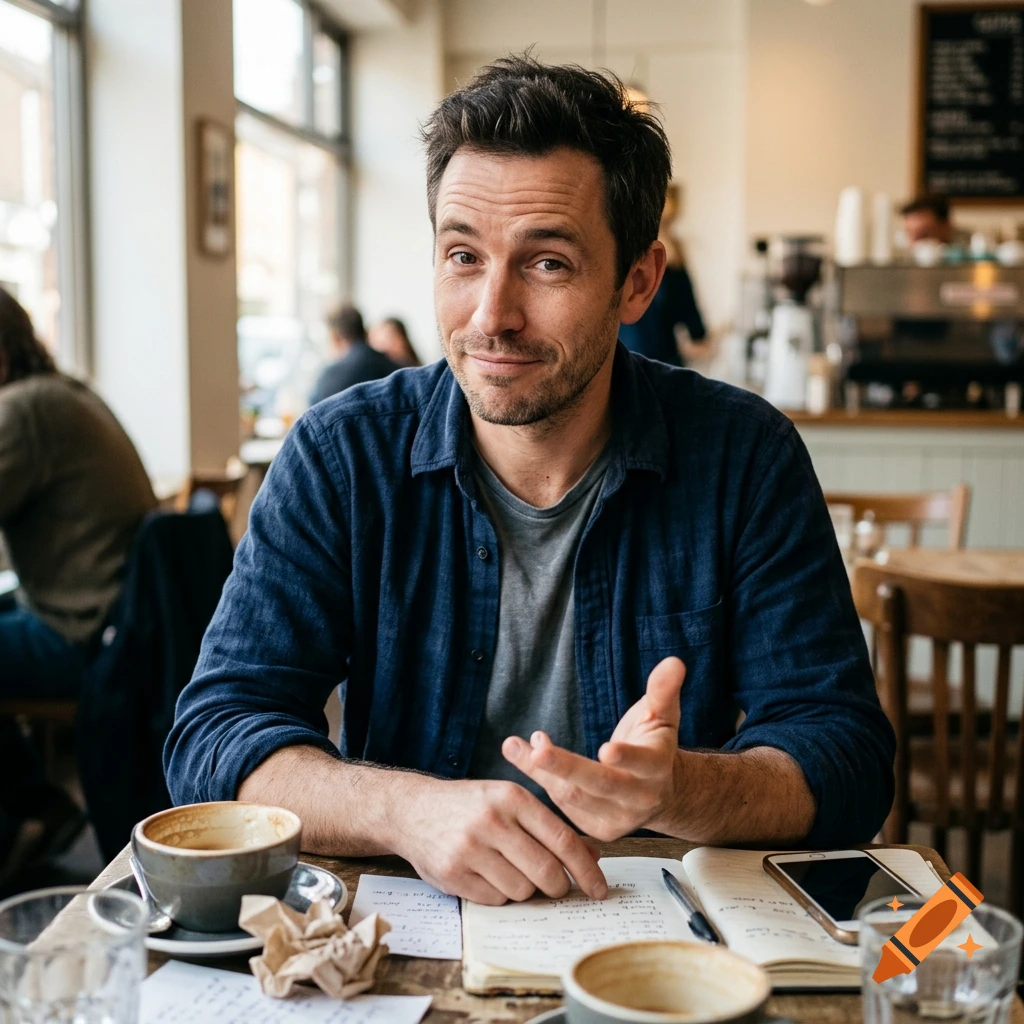 A man sitting at a café table with coffee, an open notebook, and a smartphone, looking toward the camera.