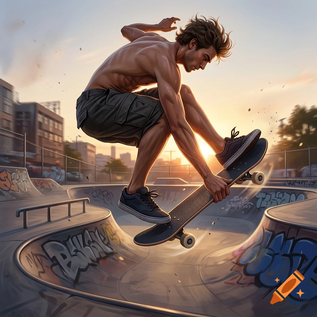 A shirtless young man performing a grab trick on a skateboard inside a concrete skatepark bowl at sunset, digital art style.
