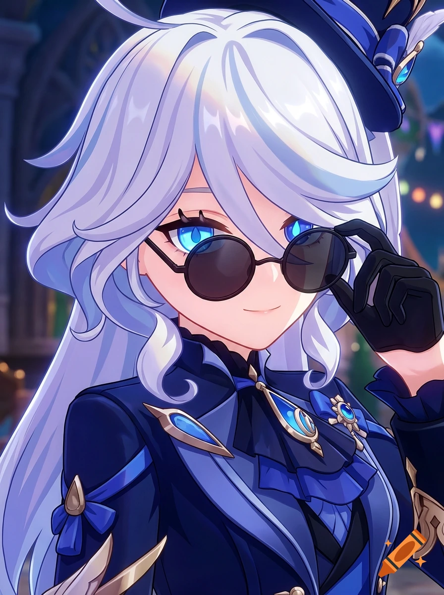 Close-up anime portrait of a young woman with silver hair and glowing blue eyes, adjusting round sunglasses, wearing a navy fantasy outfit.