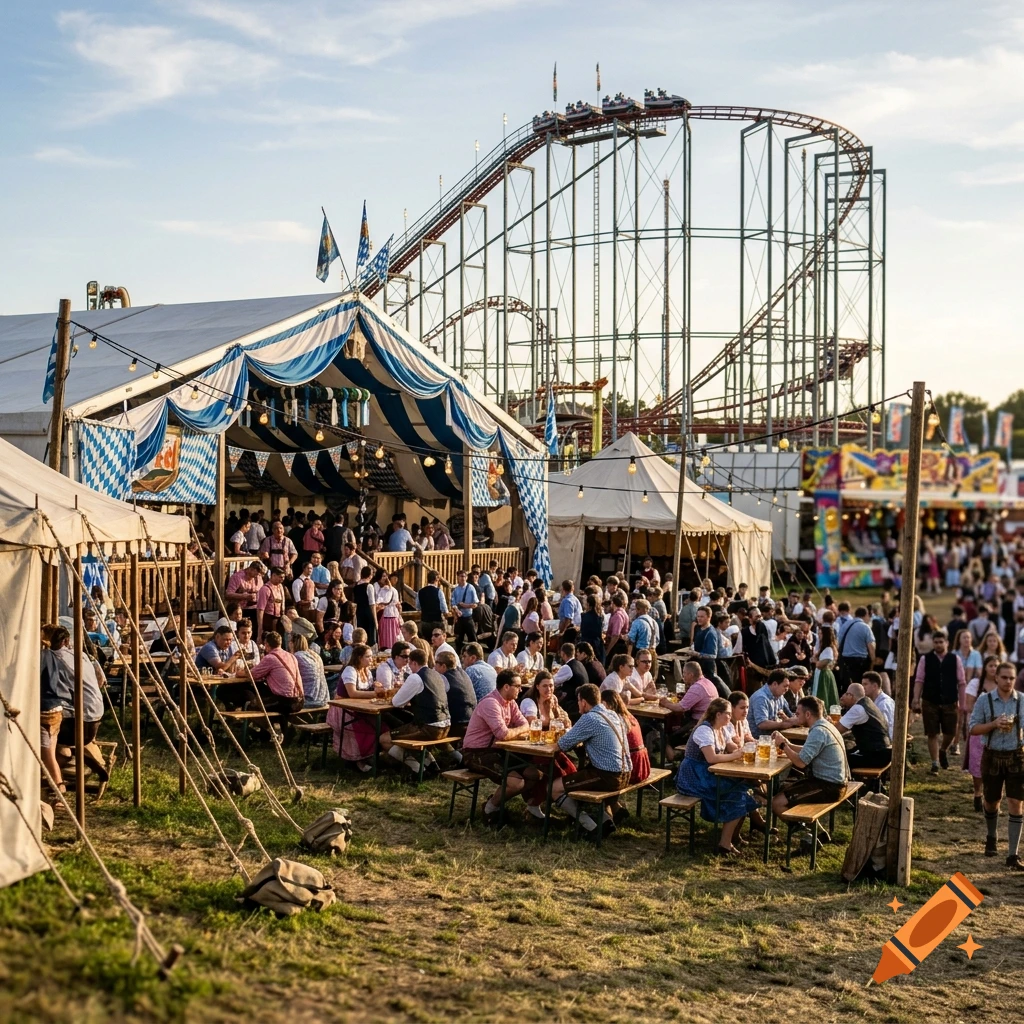 Photorealistic shot of people sitting at wooden tables drinking beer at an Oktoberfest tent with a rollercoaster in the background.