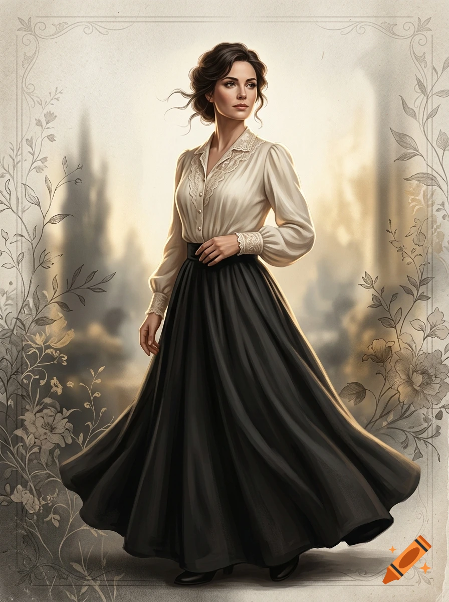 Illustration of a Victorian woman in a cream blouse and black skirt, framed by decorative floral borders.