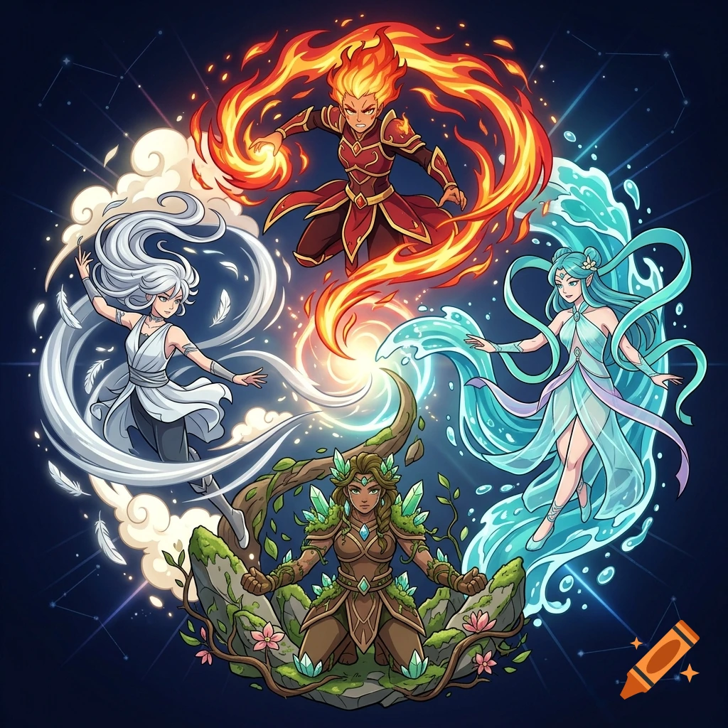 Four anime-style elemental women representing fire, water, earth, and air arranged in a circular cycle.