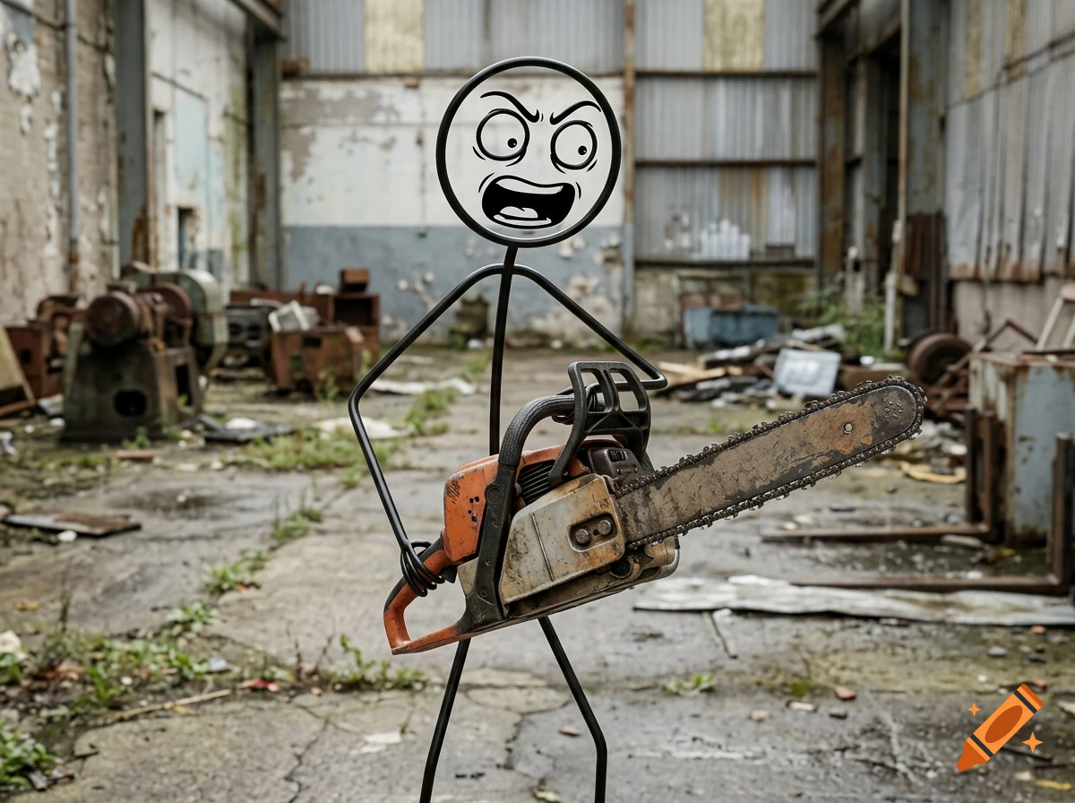 A stickman with an angry facial expression holding a rusty chainsaw in an abandoned industrial warehouse, photorealistic style.