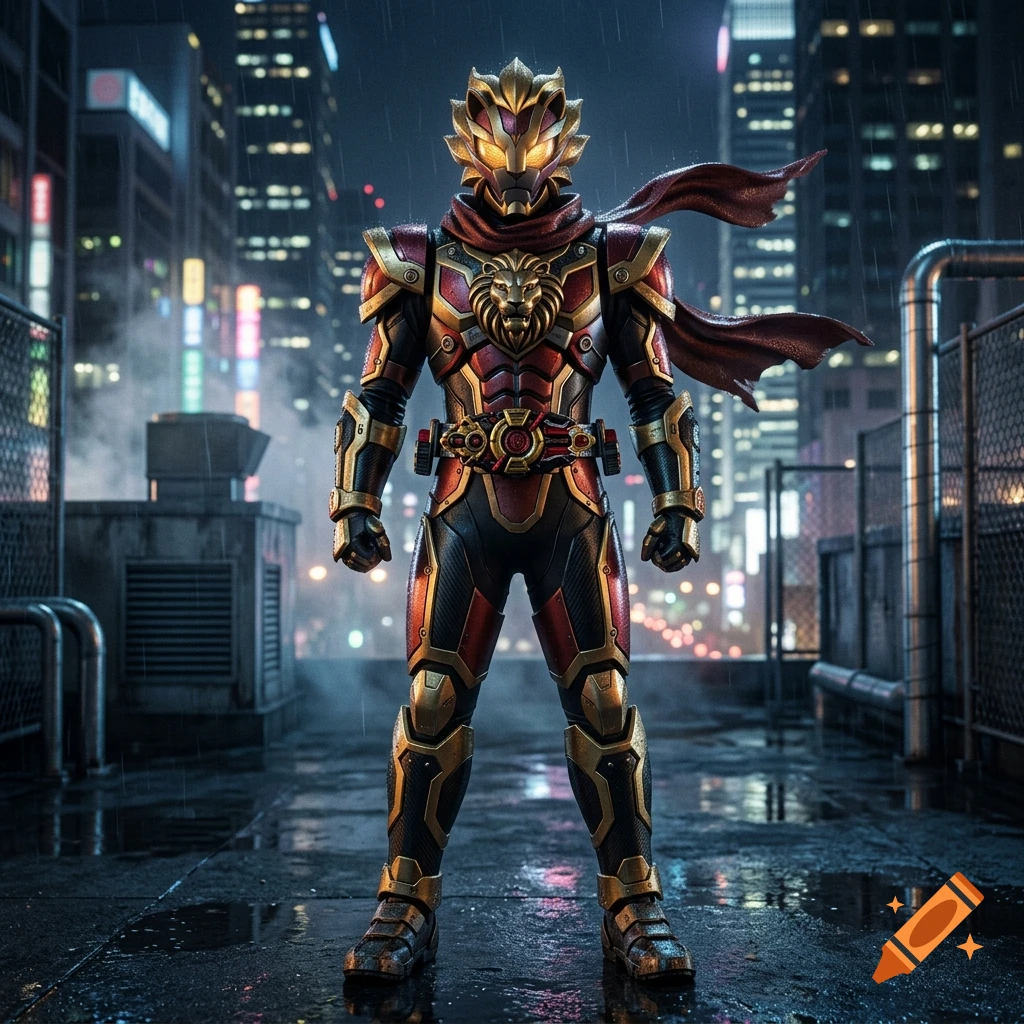 Photorealistic Kamen Rider character with a Leo Zodiac motif standing on a wet rooftop at night in a city.