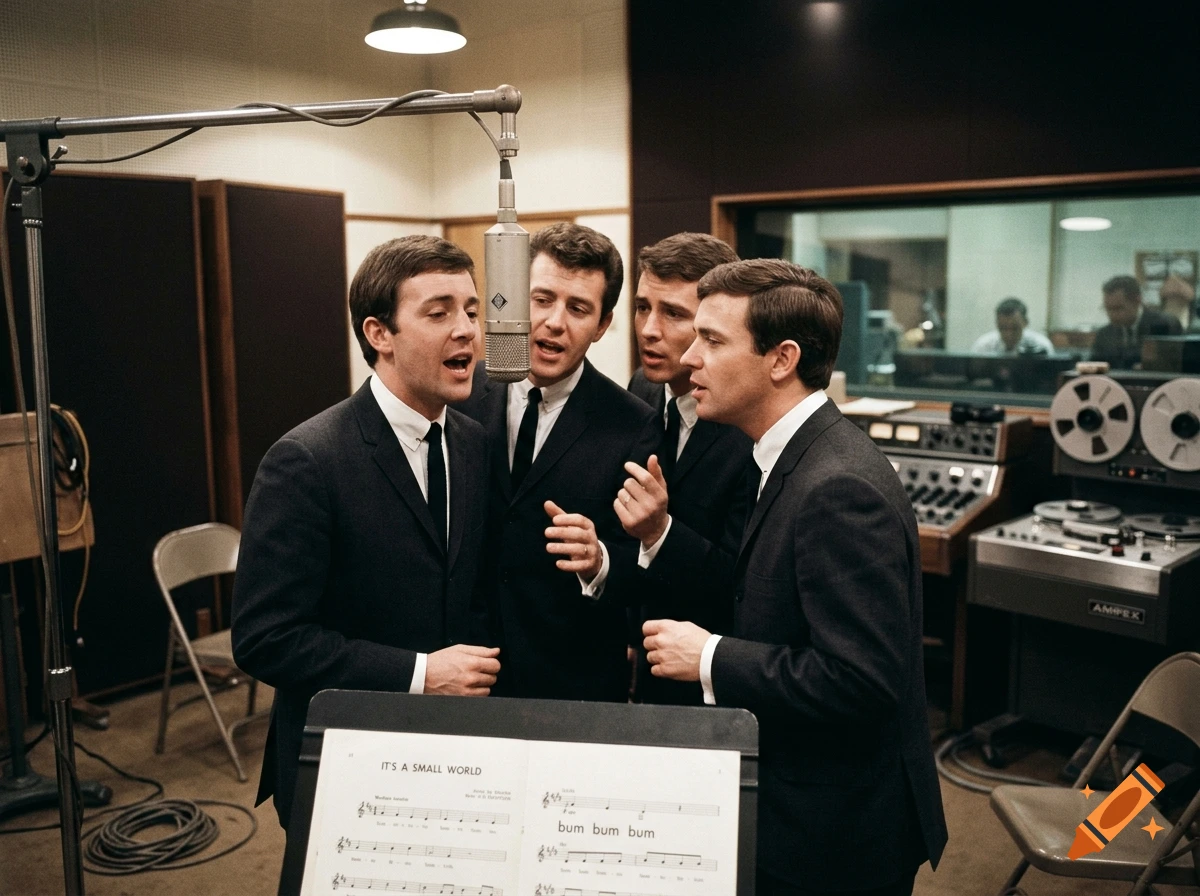 Four men in vintage suits singing into a studio microphone in a recording studio with reel-to-reel tape recorders.