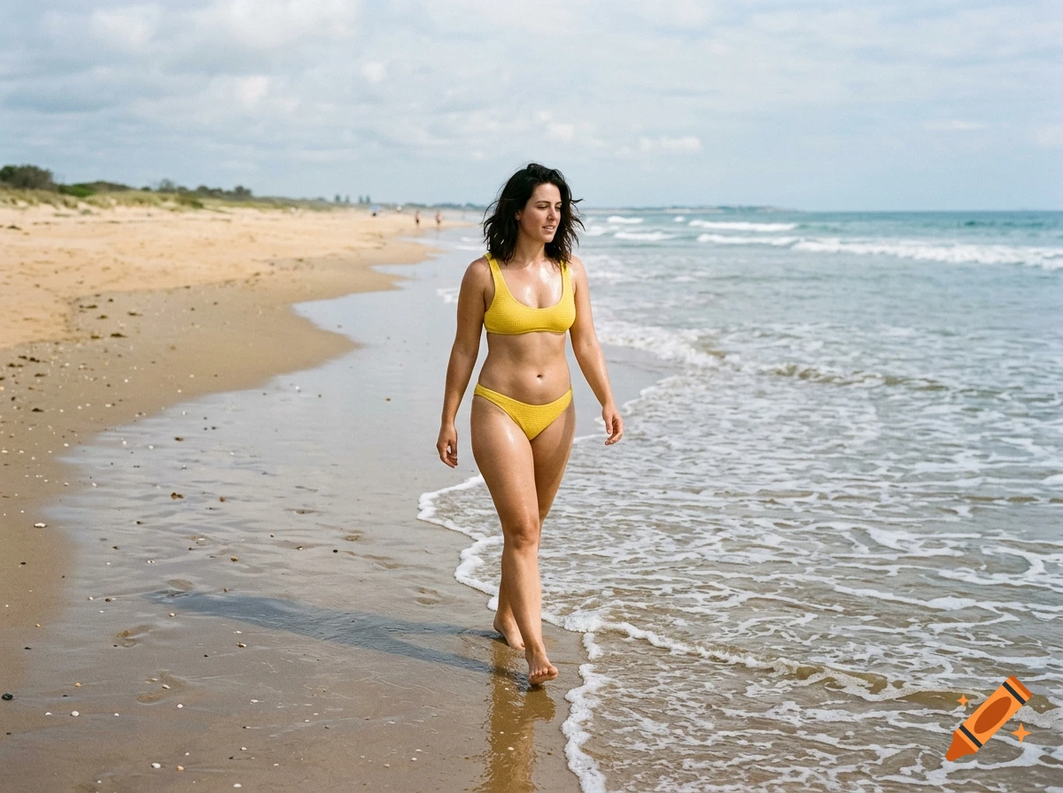 Photorealistic image of a woman in a yellow bikini walking along the shore of a beach with ocean waves.
