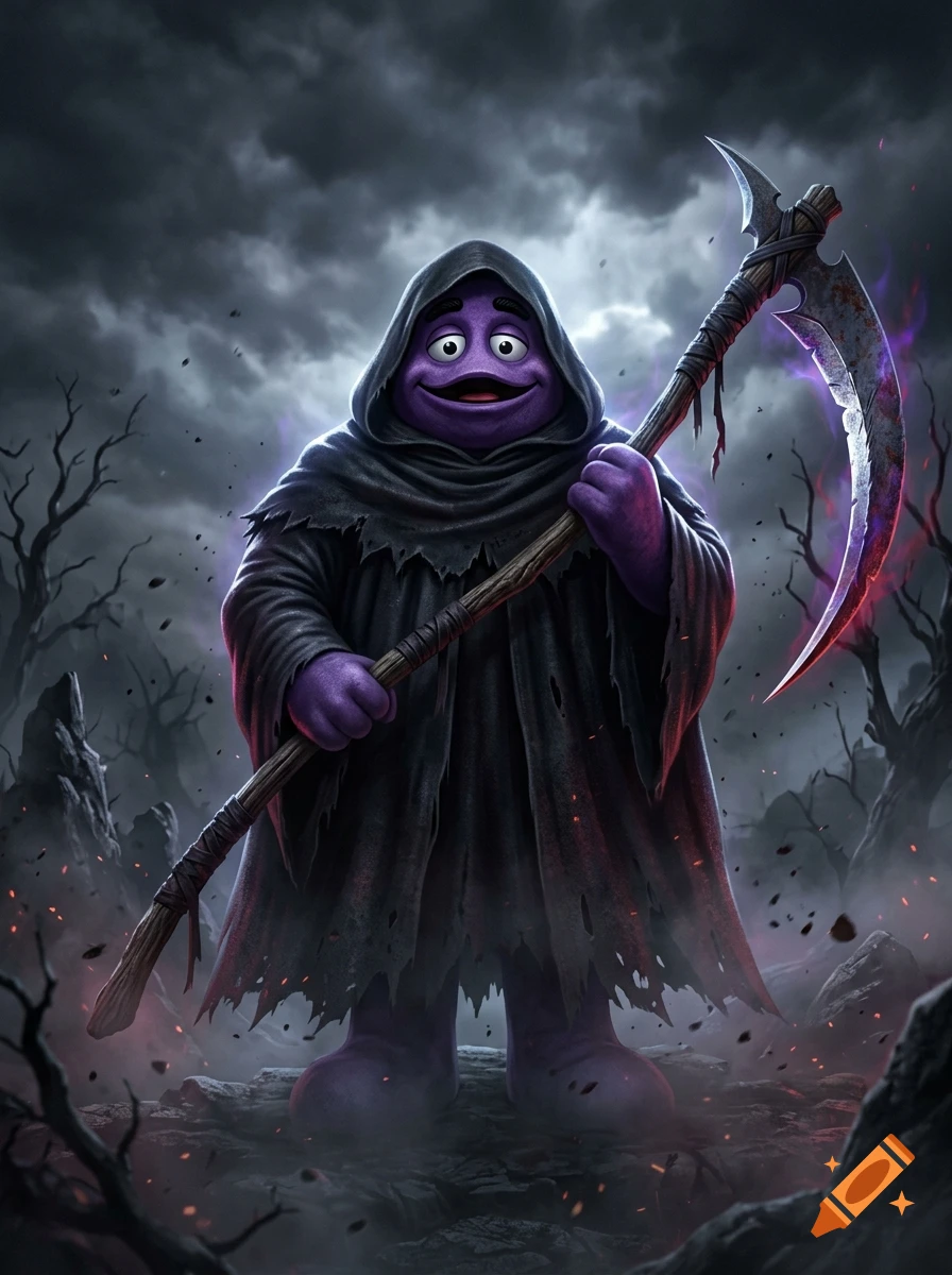 Grimace from McDonald's wearing a dark hooded cloak and holding a large scythe in a grim, fantasy landscape, digital art.
