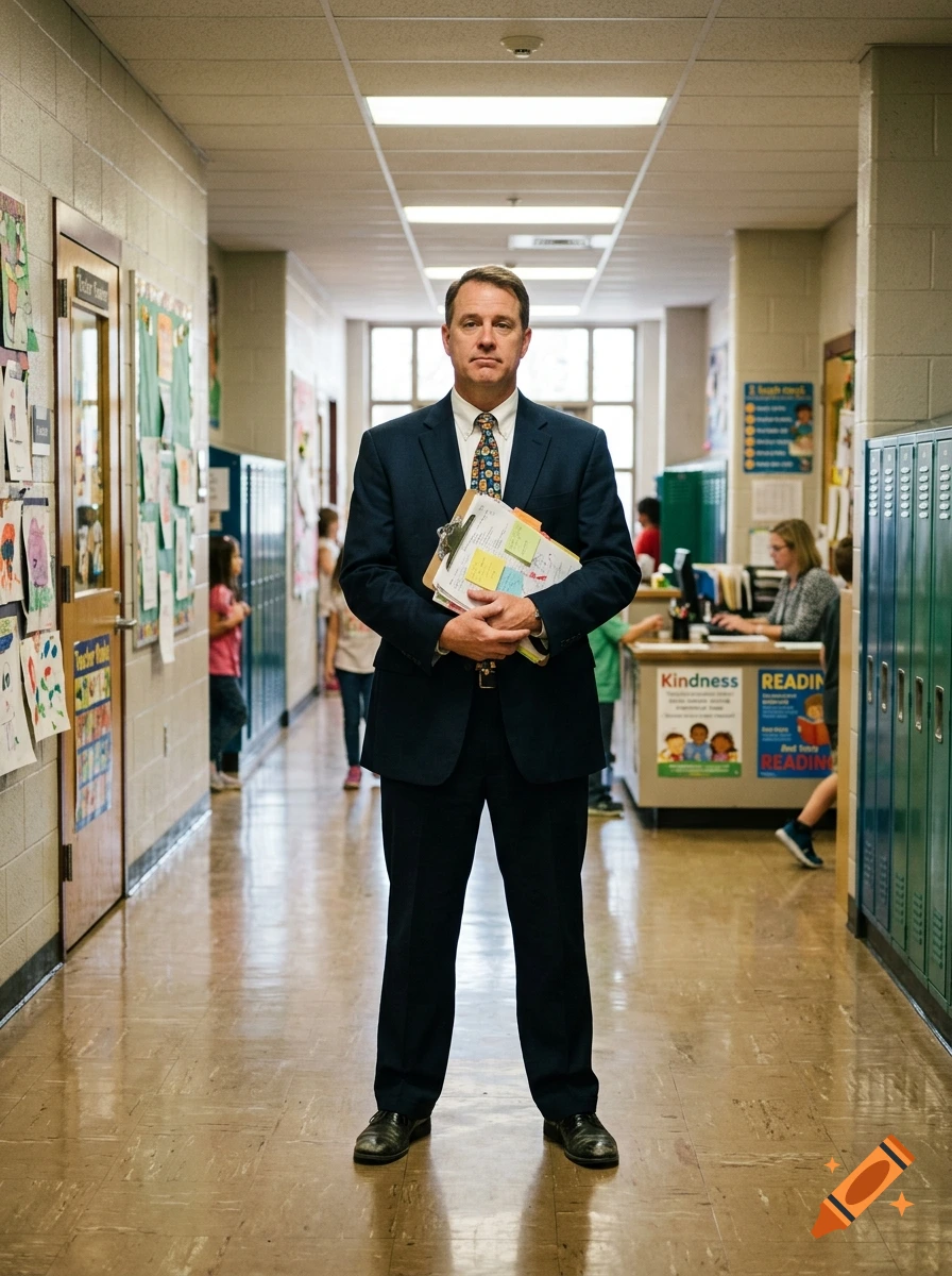 Photorealistic image of a male school principal standing in a hallway holding a clipboard.
