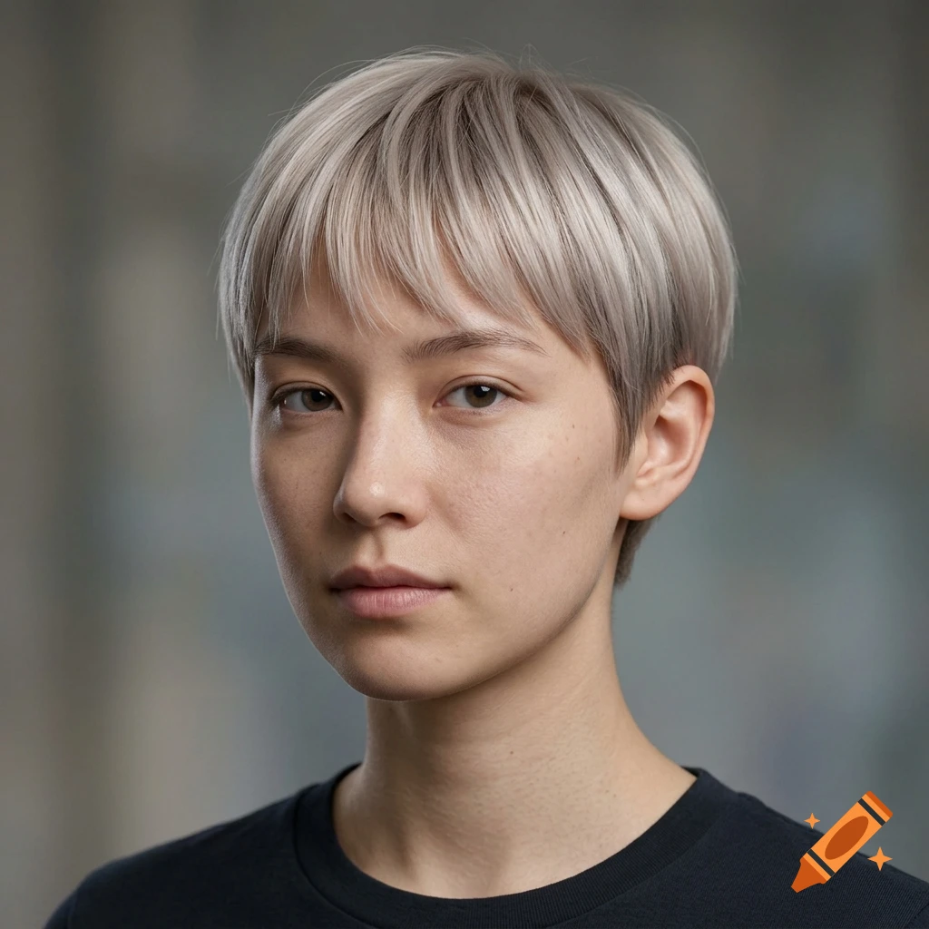 Photorealistic close-up portrait of a person with short, platinum blonde hair and a dark shirt.