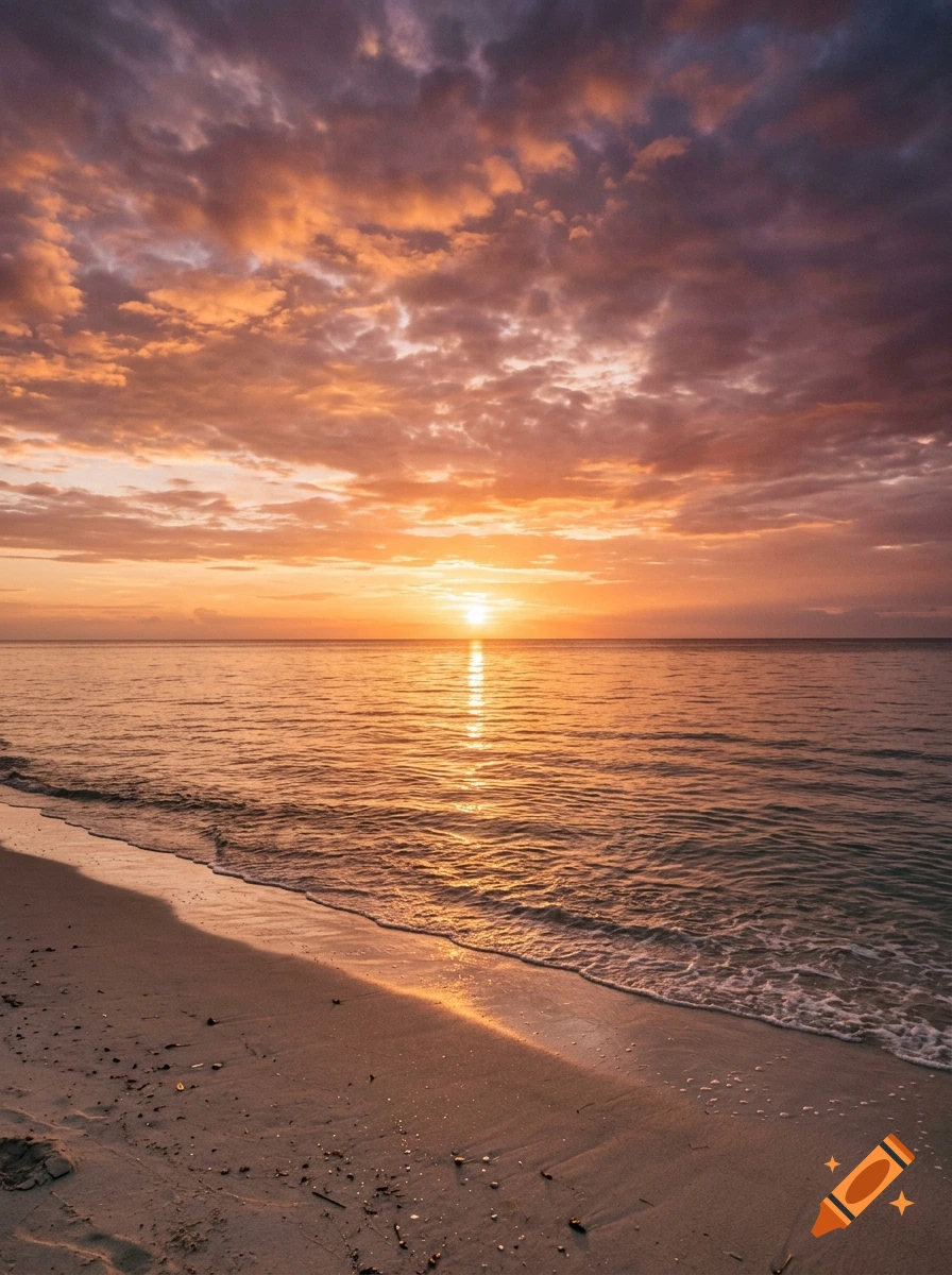 Photorealistic sunset over the ocean with a sandy beach in the foreground and warm orange and purple clouds.