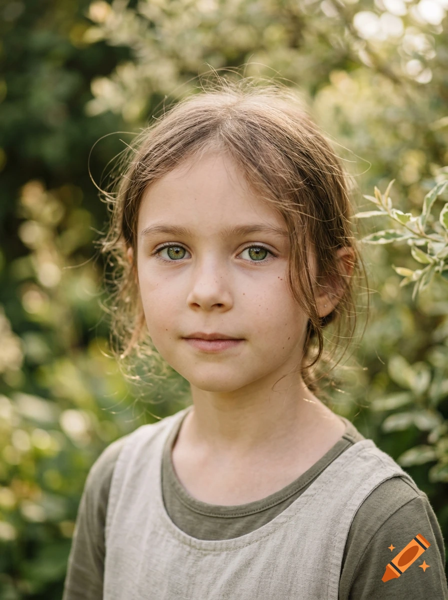 Close-up photorealistic portrait of a young girl with green eyes and brown hair, outdoors with a blurred natural background.