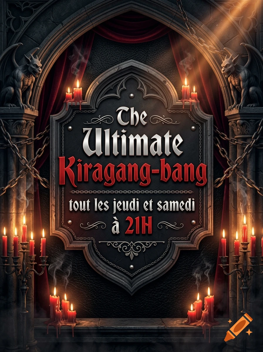 Gothic themed event poster with stone archways, gargoyles, candles, chains, and centered text reading The Ultimate Kiragang-bang.