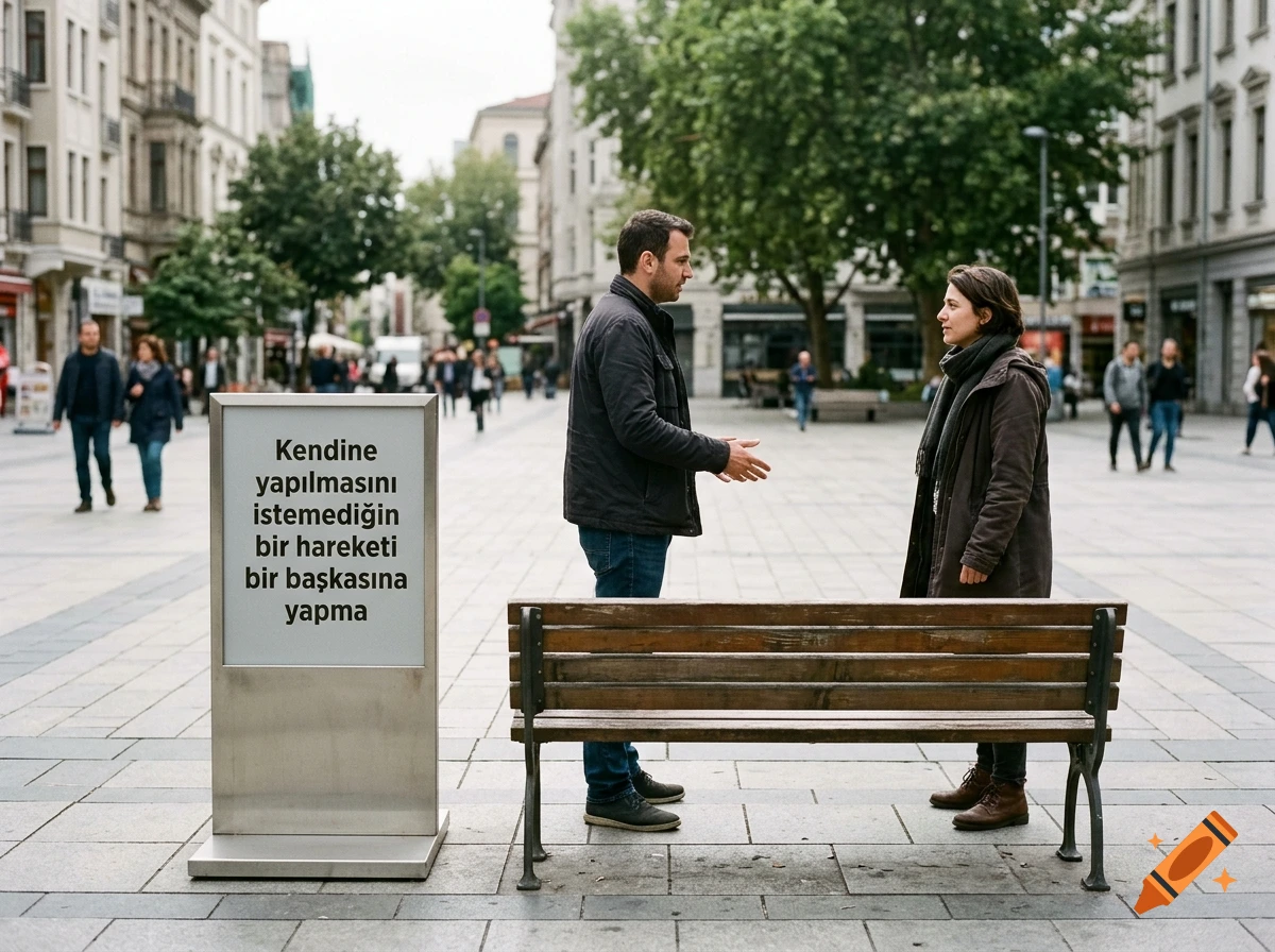 Photorealistic image of a man and woman talking in a city square next to a bench and a sign with Turkish text.