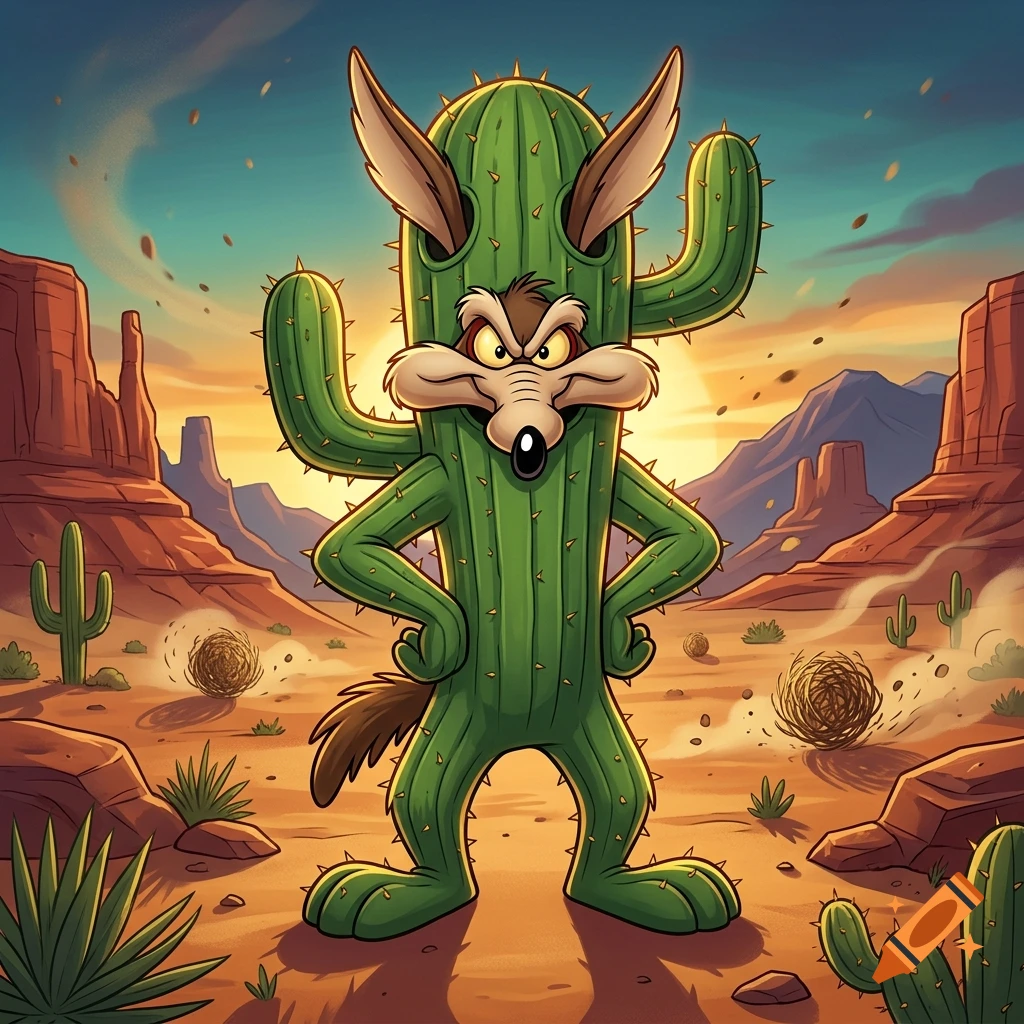 Animated cartoon of Wile E. Coyote wearing a green cactus costume with arms crossed in a desert landscape.