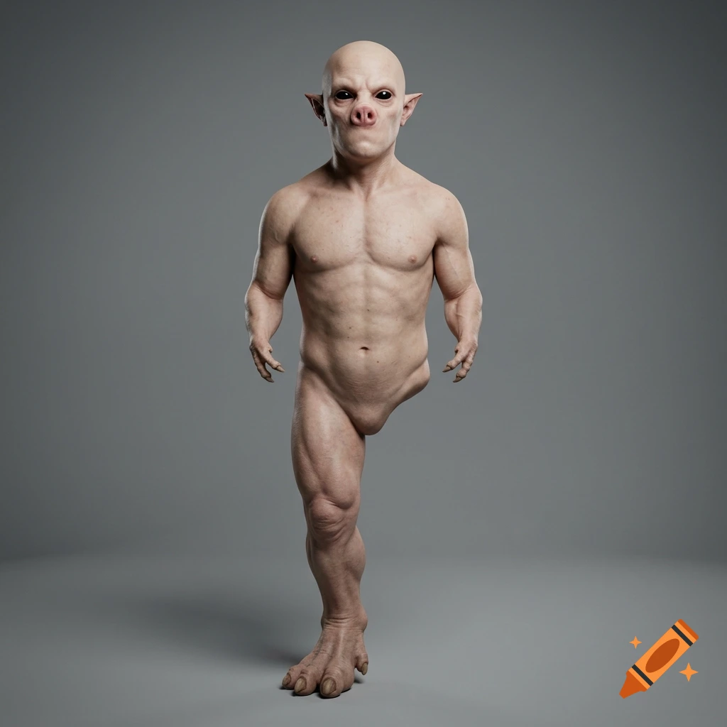 Photorealistic full-body shot of a unique creature with a human muscular torso, bald head, pig-like snout, black eyes, one leg, and tiny arms.
