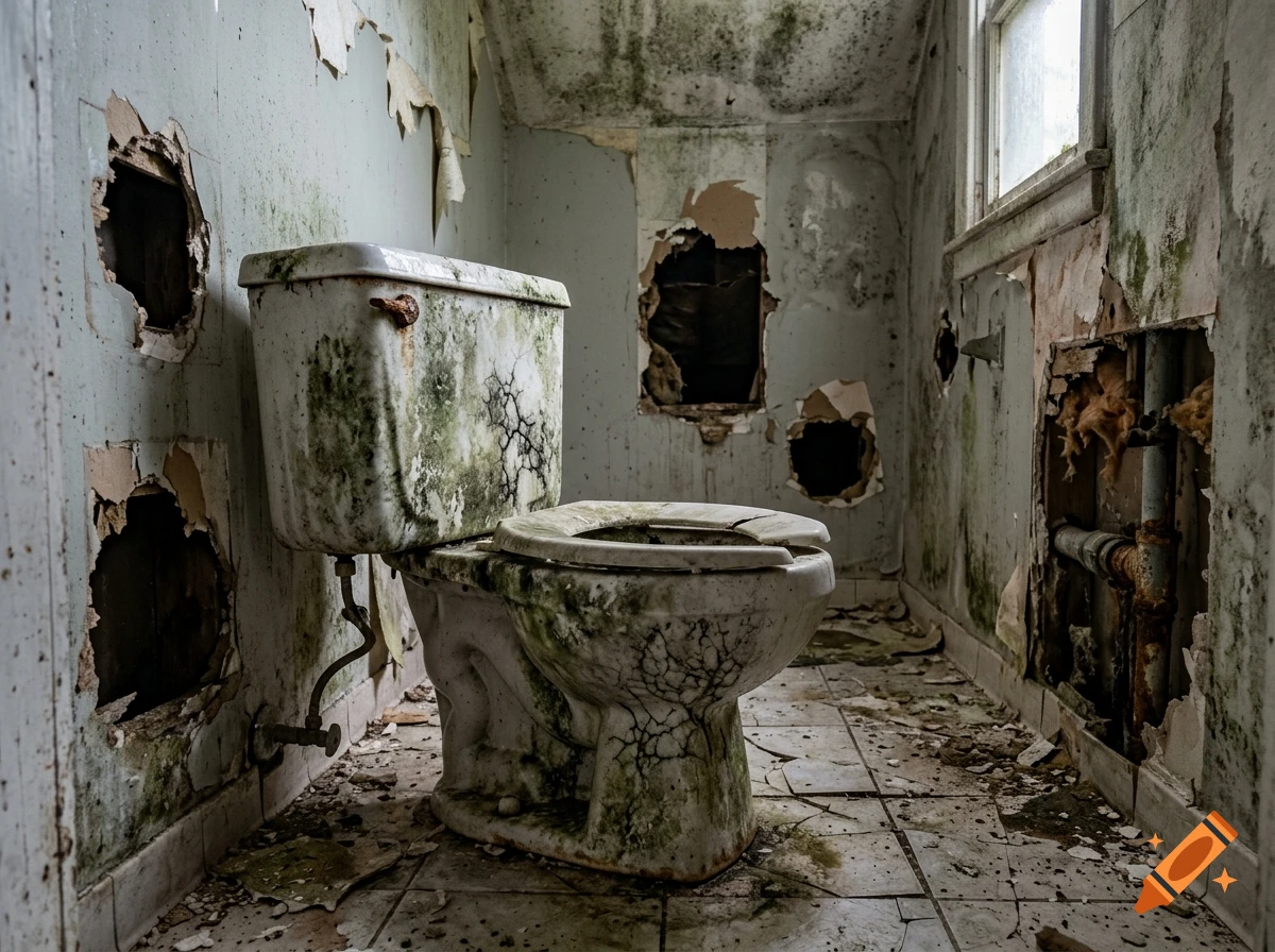 Photorealistic image of a moldy and decrepit toilet in a ruined, decaying bathroom with holes in the walls.