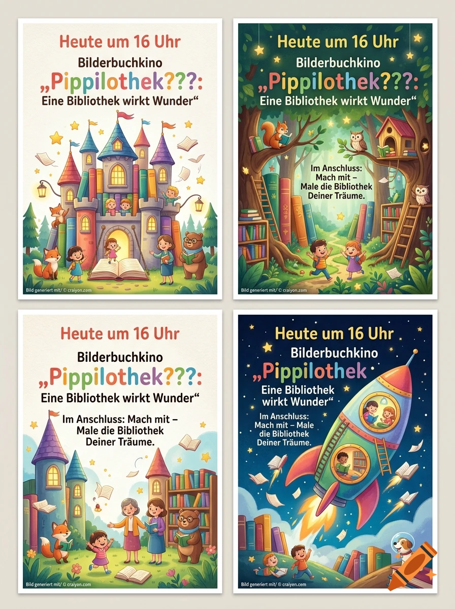 Four children's book poster designs with fairy tale and space themes in a colorful cartoon illustration style.