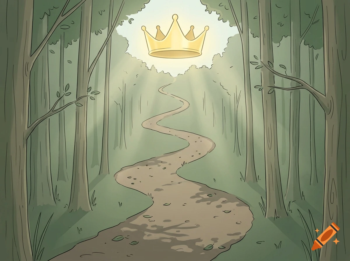 A simple illustration of a winding forest path leading to a glowing golden crown at the top.