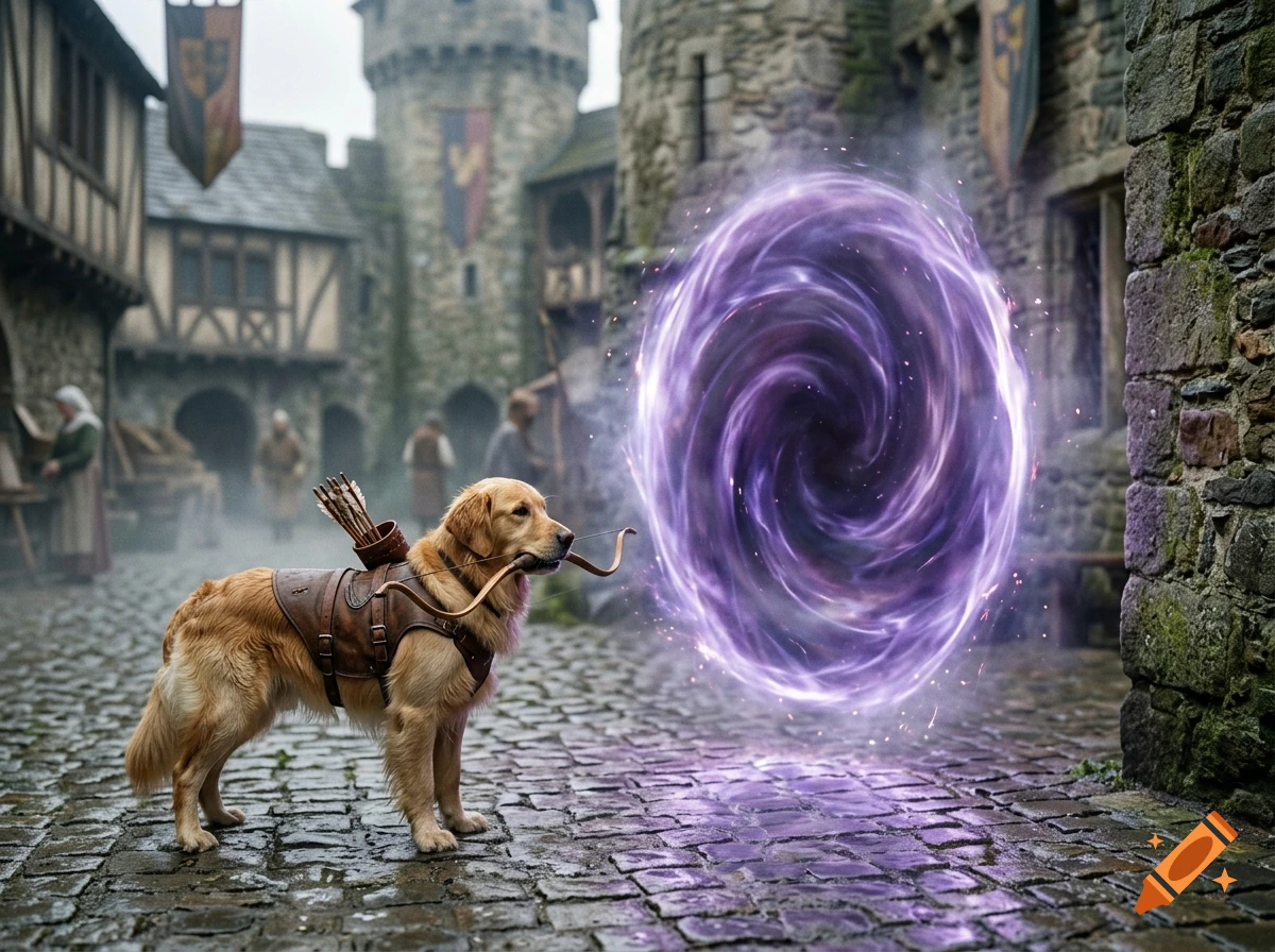 A photorealistic golden retriever wearing medieval armor and holding a bow stands in front of a glowing purple portal in a medieval village.