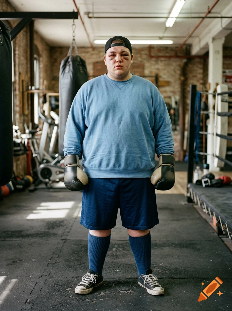 A young boxer standing in a gym, wearing boxing gloves, shorts, and a blue sweatshirt, with visible bruising around his eyes.
