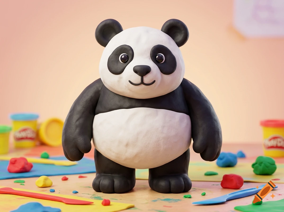 A stylized panda sculpture made of Play-Doh standing on a craft table with colorful clay and tools around it, 3D render.