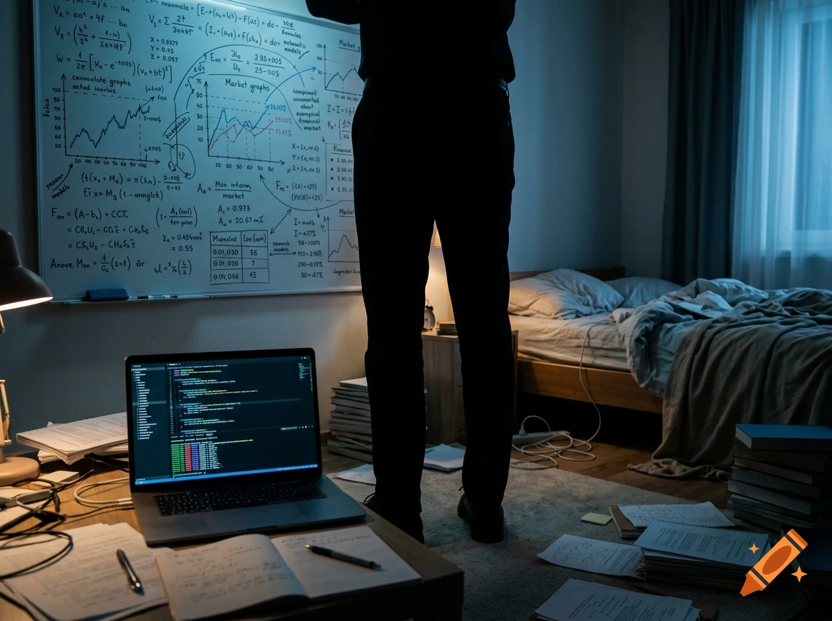 Photorealistic image of a scientist's silhouette standing in front of a whiteboard covered in mathematical equations.