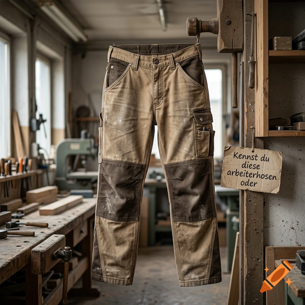 Photorealistic image of brown and tan work pants hanging in a woodworking workshop.